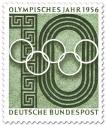 Stamp: Olympische Ringe und Stadion