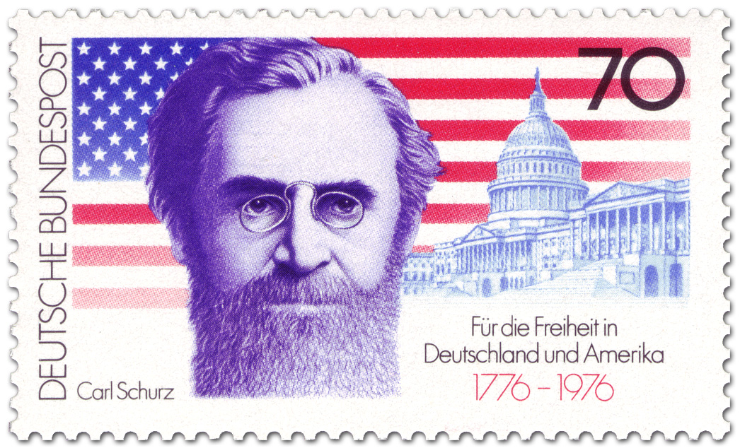 Briefmarke: &quot;<b>Carl Schurz</b> vor Sternenbanner und Capitol&quot; - freiheit-capital-usa-carl-schurz-gr