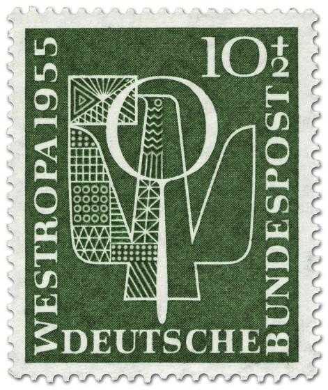 Briefmarke: Brieftaube und Lupe (Briefmarkenausstellung 1955)
