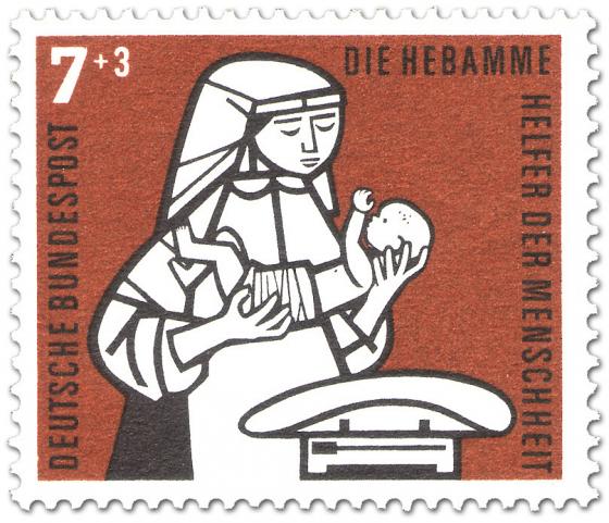 Briefmarke: Hebamme mit Kind und Waage
