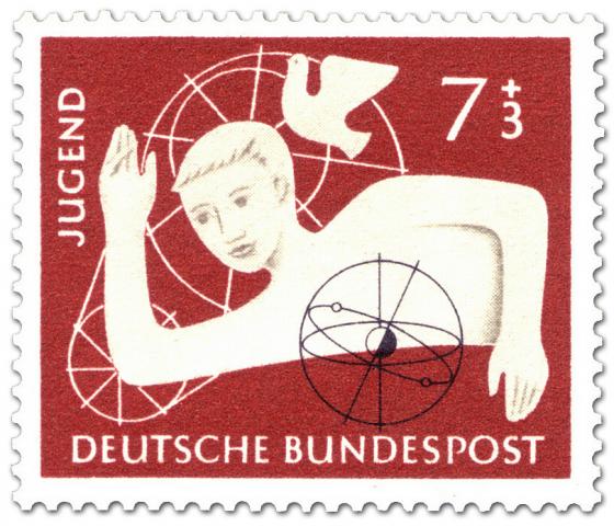 Briefmarke: Jugendmarke: Junge mit Atommodell und Taube