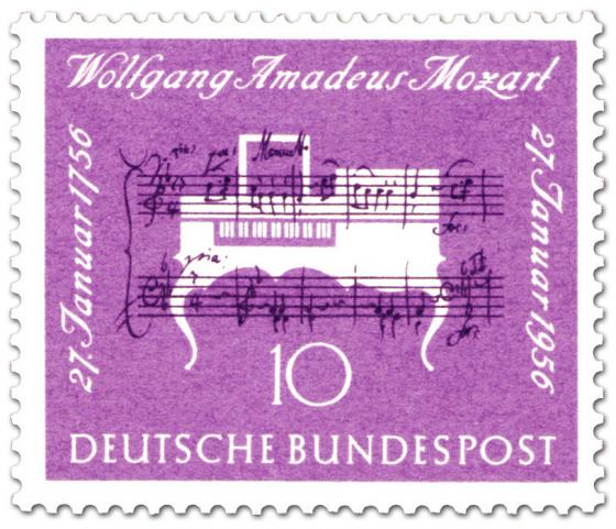 Briefmarke: Klavier und Noten (Wolfgang Amadeus Mozart 200. Todestag)