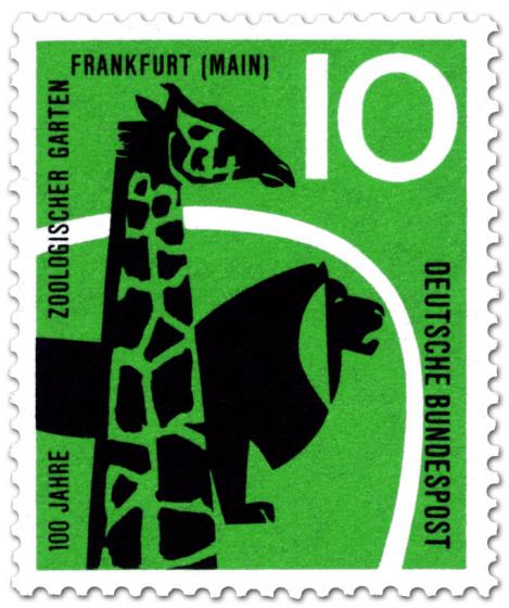 Briefmarke: Giraffe und Löwe (100 Jahre Zoo Frankfurt)