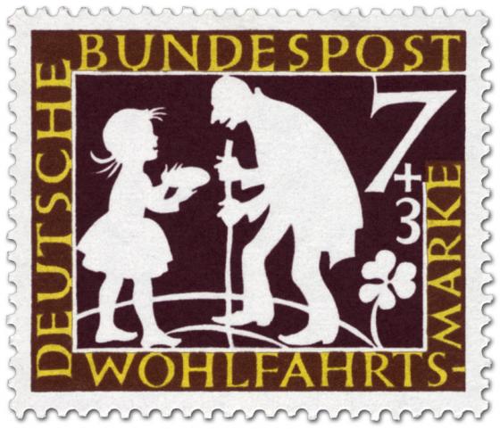 Briefmarke: Sterntaler: Mädchen und alter Mann (Grimms Märchen)