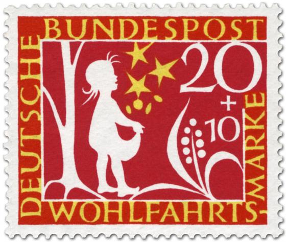 Briefmarke: Sterntaler: Mädchen fängt Sterne auf (Grimms Märchen)