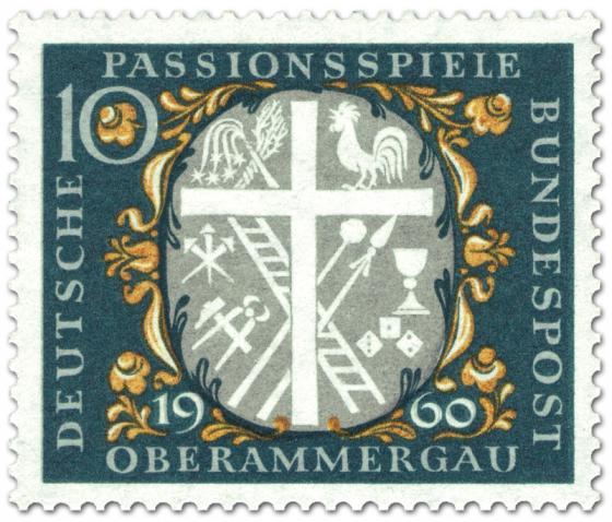 Briefmarke: Passionsspiele Oberammergau (Kreuz, Leiter, Hahn etc)