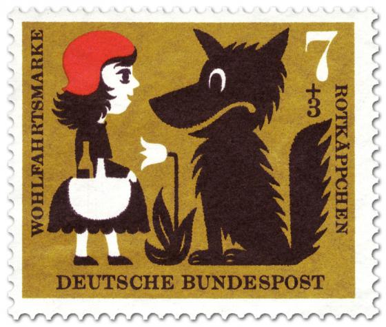 Briefmarke: Rotkäppchen mit dem Wolf (und Blume)