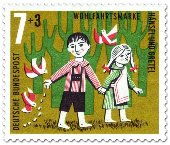 Briefmarke: Hänsel und Gretel: Brotkrümel für die Vögel