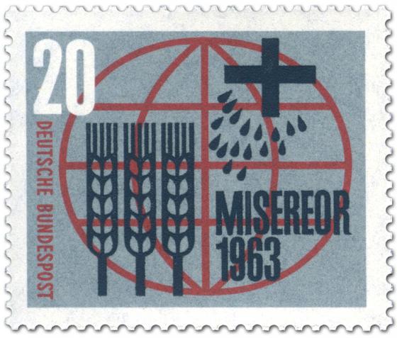 Briefmarke: Misereor (Ähren, Kreuz und Tropfen vor Weltkugel)