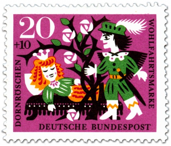 Briefmarke: Dornröschen schläft - Prinz vor Dornenhecke