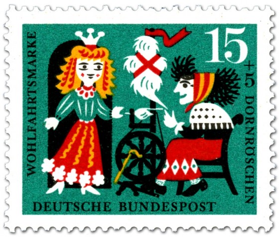 Briefmarke: Dornröschen am Spinnrad der Hexe
