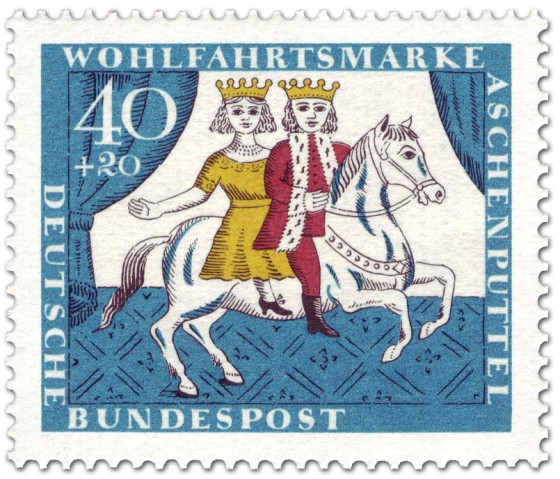 Briefmarke: Aschenputtel mit Prinz auf Pferd