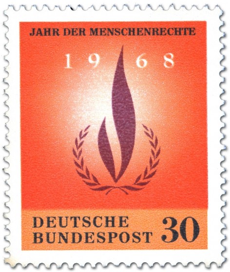 Briefmarke: Flamme und Lorbeerkranz (Jahr der Menschenrechte)
