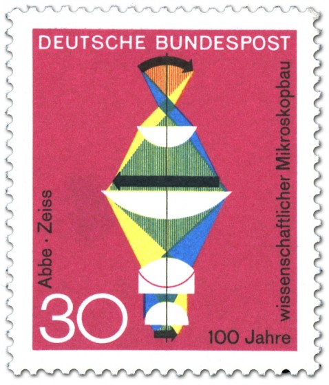 Briefmarke: Gebrochene Lichtstrahlen (Wissenschaftlicher Mikroskopbau)