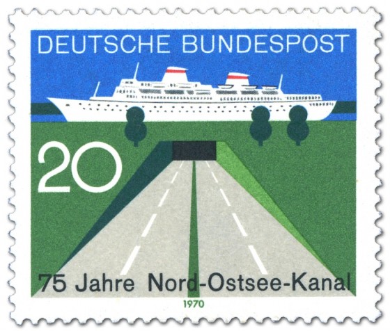 Briefmarke: Tunnel und Passagierschiff (75 Jahre Nord-Ostsee-Kanal)