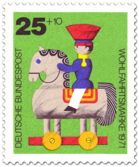 Briefmarke: Holzspielzeug: Pferd und Reiter