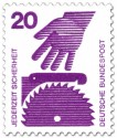 Briefmarke: Kreissäge und Hand (Gefahr)