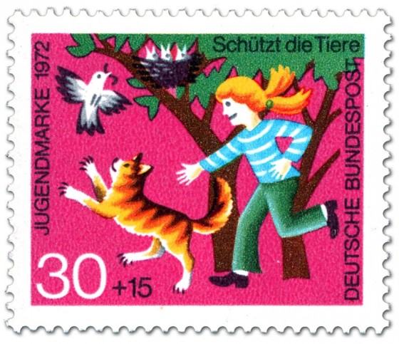 Briefmarke: Mädchen schützt Vogelnest vor Katze