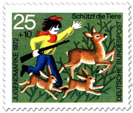 Briefmarke: Unruhe stiftender Junge im Wald vertreibt Rehe