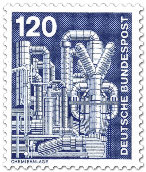 Briefmarke: Chemieanlage, Metallrohre