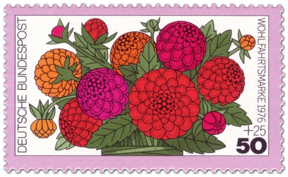 Briefmarke: Blume: rote Zinnien