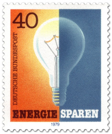Briefmarke: Glühbirne an aus - Energie sparen