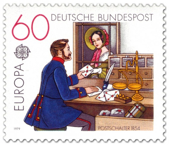 Briefmarke: Historischer Postschalter um 1854