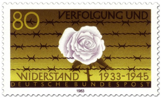 Briefmarke: Weiße Rose vor Stacheldraht
