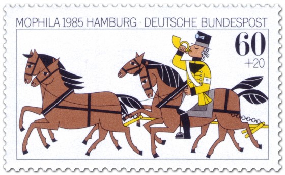Briefmarke: Posthorn-Reiter und Pferde