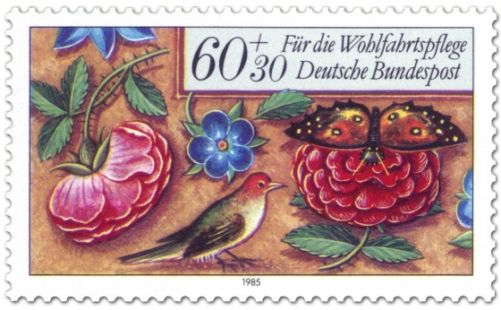 Briefmarke: Rosen, Vogel und Schmetterling