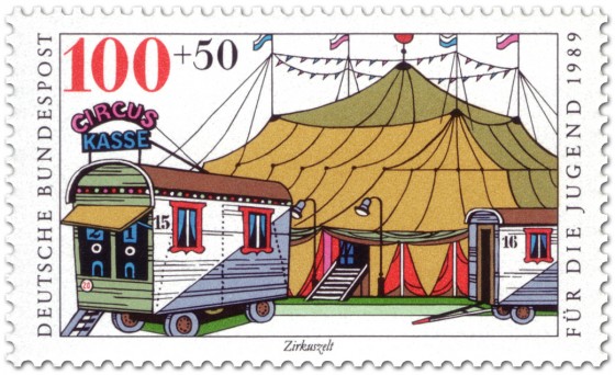 Briefmarke: Zirkus: Zelt und Wagen