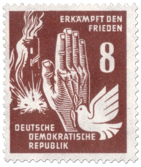 Briefmarke: Bombenangriff, Hand und Taube